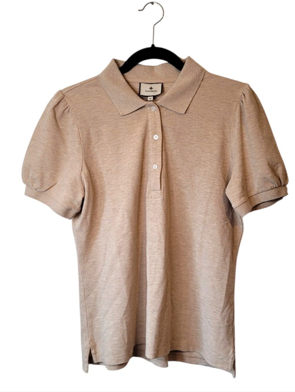 Tuckernuck Peggy Pique Neutral Puff-Sleeve Polo in Light Beige Size M